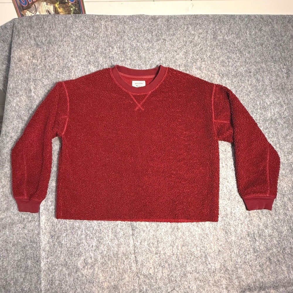 American Eagle Y2k Trendy Red Sherpa Cropped Sweatshirt Women's S Cozy Pullover